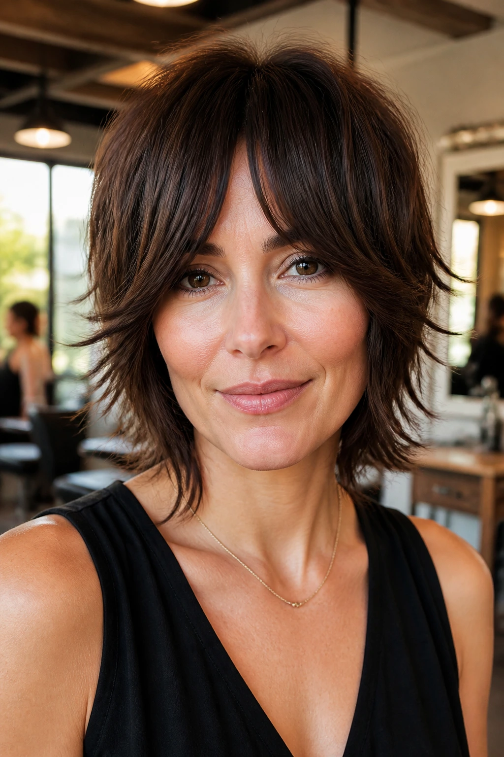 Close-up of a real woman with bottleneck fringe shag in a salon
