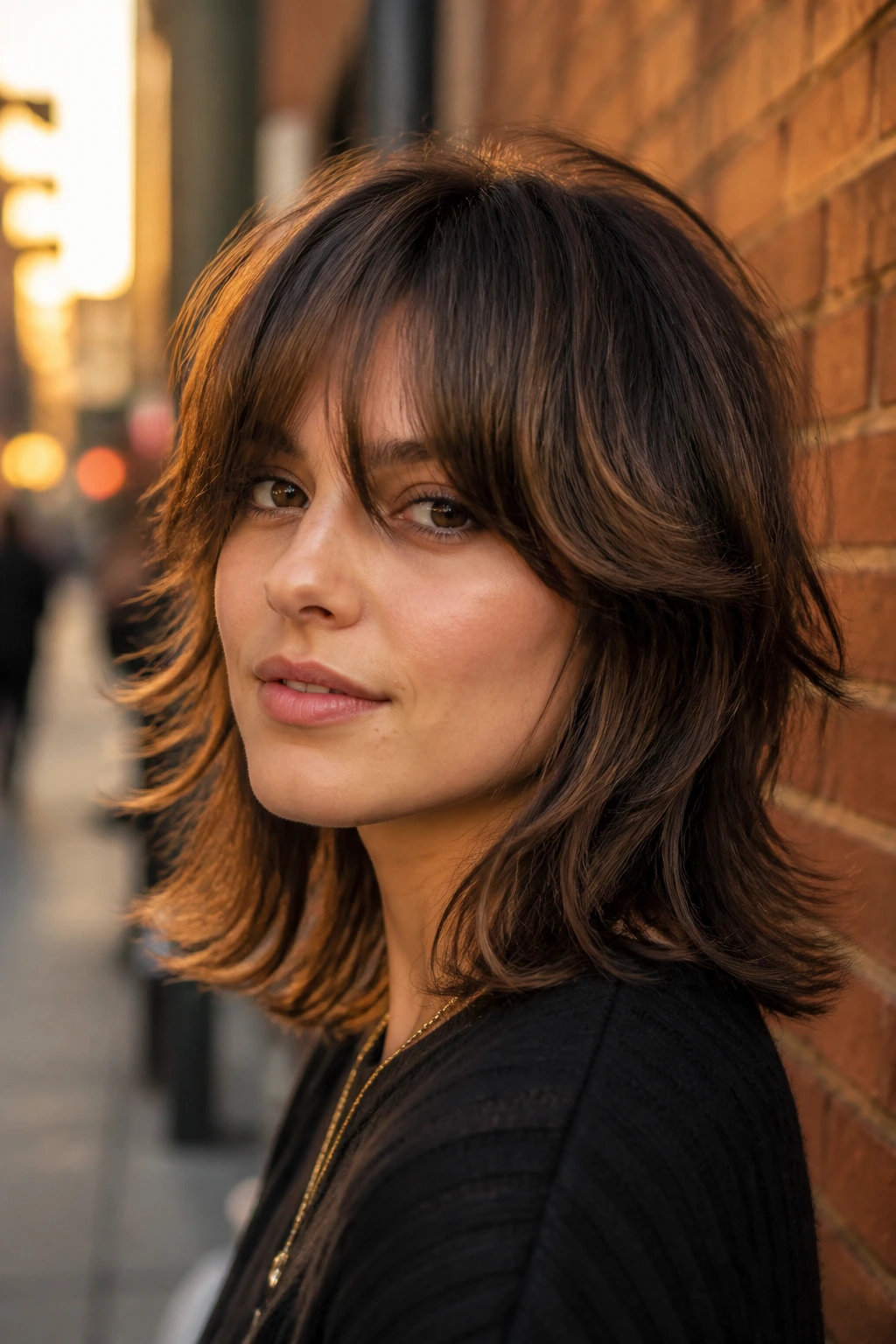 Close-up of a real person with bottleneck fringe shag and flicked ends outdoors near a brick wall.