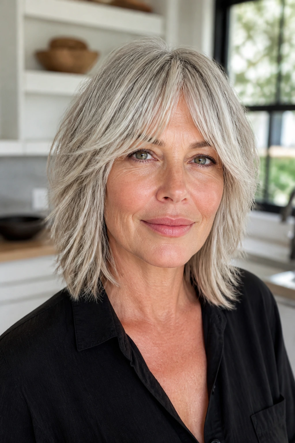 Portrait of a woman with shoulder-length shag and bottleneck fringe