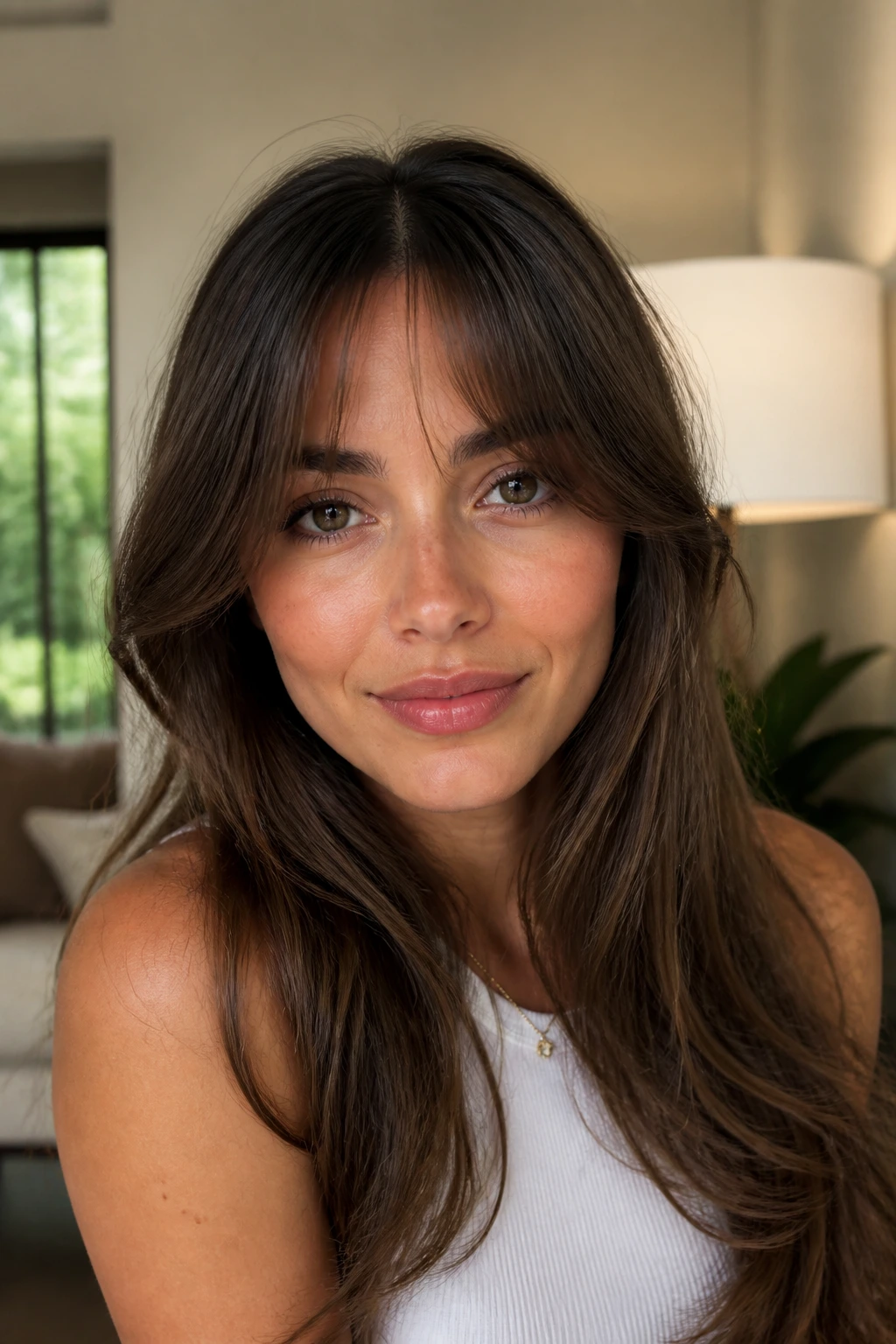 Close-up of a real woman with bottleneck fringe