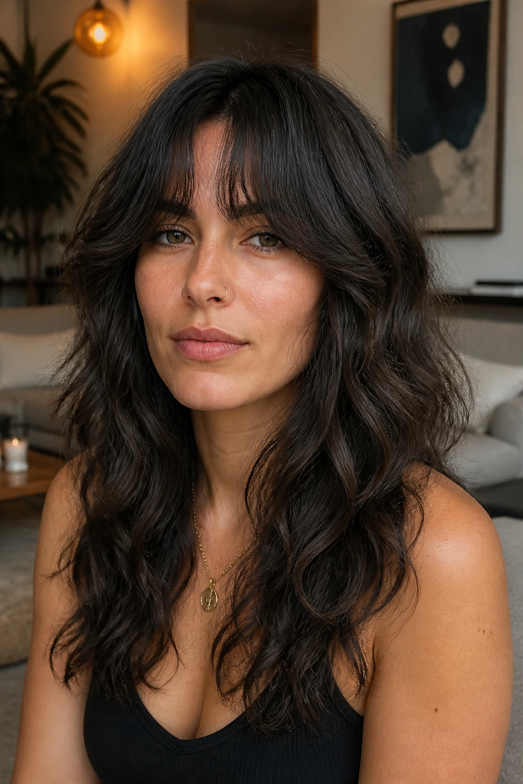 Woman with bottleneck fringe on thick wavy hair