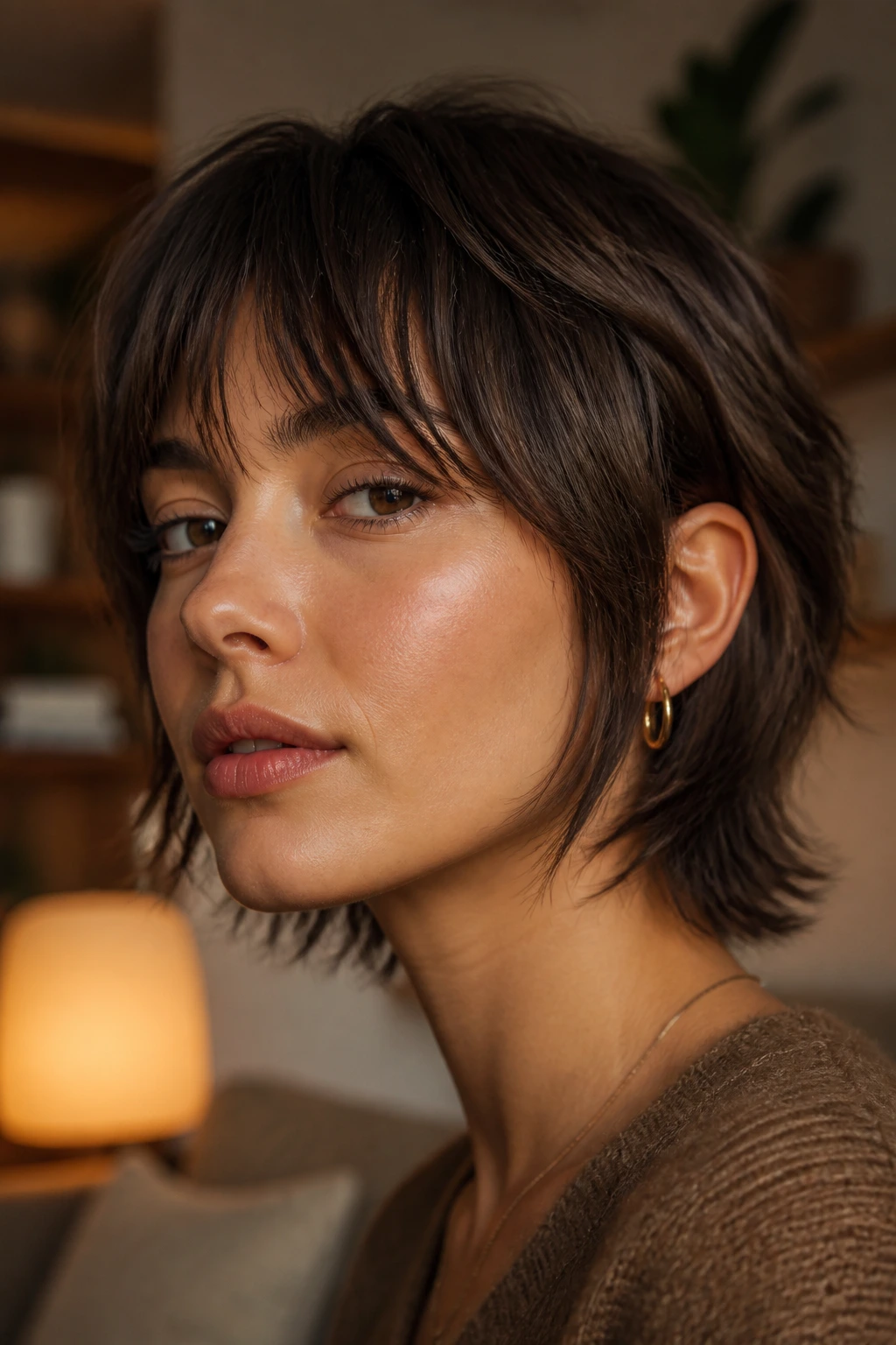 Close-up of a real person with bottleneck fringe wolf crop in warm light