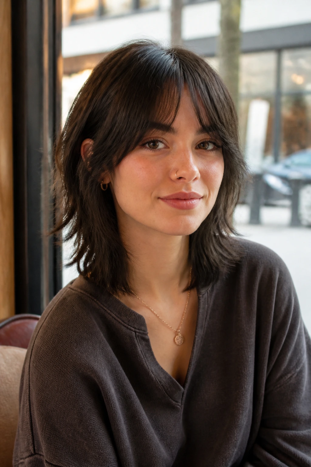Close-up portrait of a real person with bottleneck fringe wolf cut in warm cafe light