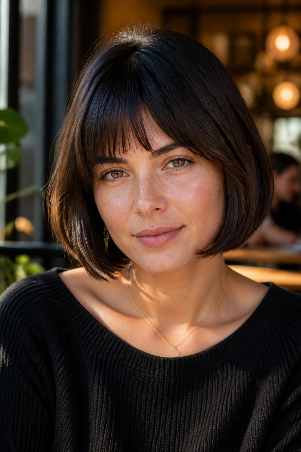 Portrait of a real woman with bottleneck bangs and Italian bob.