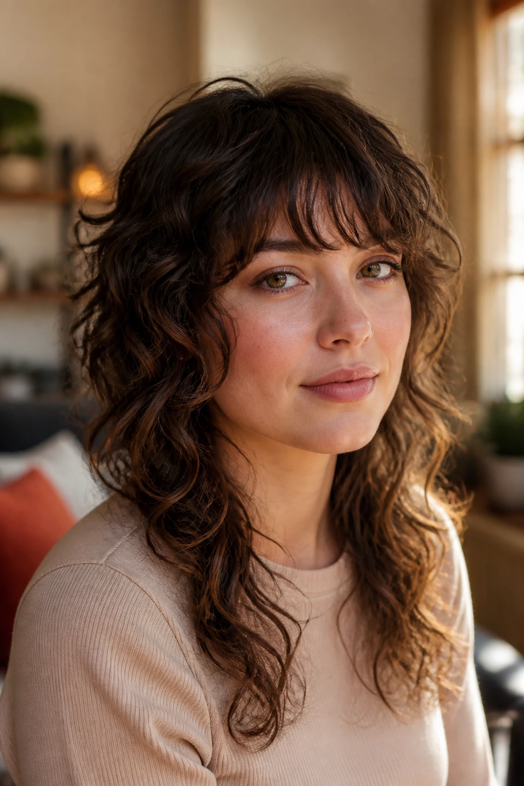 Head-and-shoulders portrait of a person with bottleneck layer shag and soft fringe