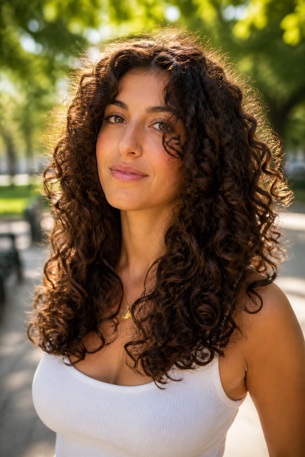 Close-up of a real woman with bottleneck layers on thick ringlets.
