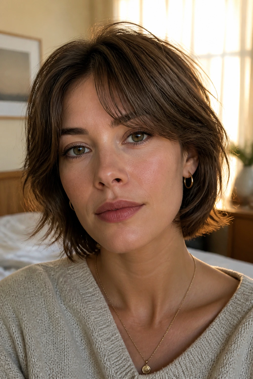 Close-up portrait of a woman with bottleneck sweep fringe showing narrow center and fuller outer edges