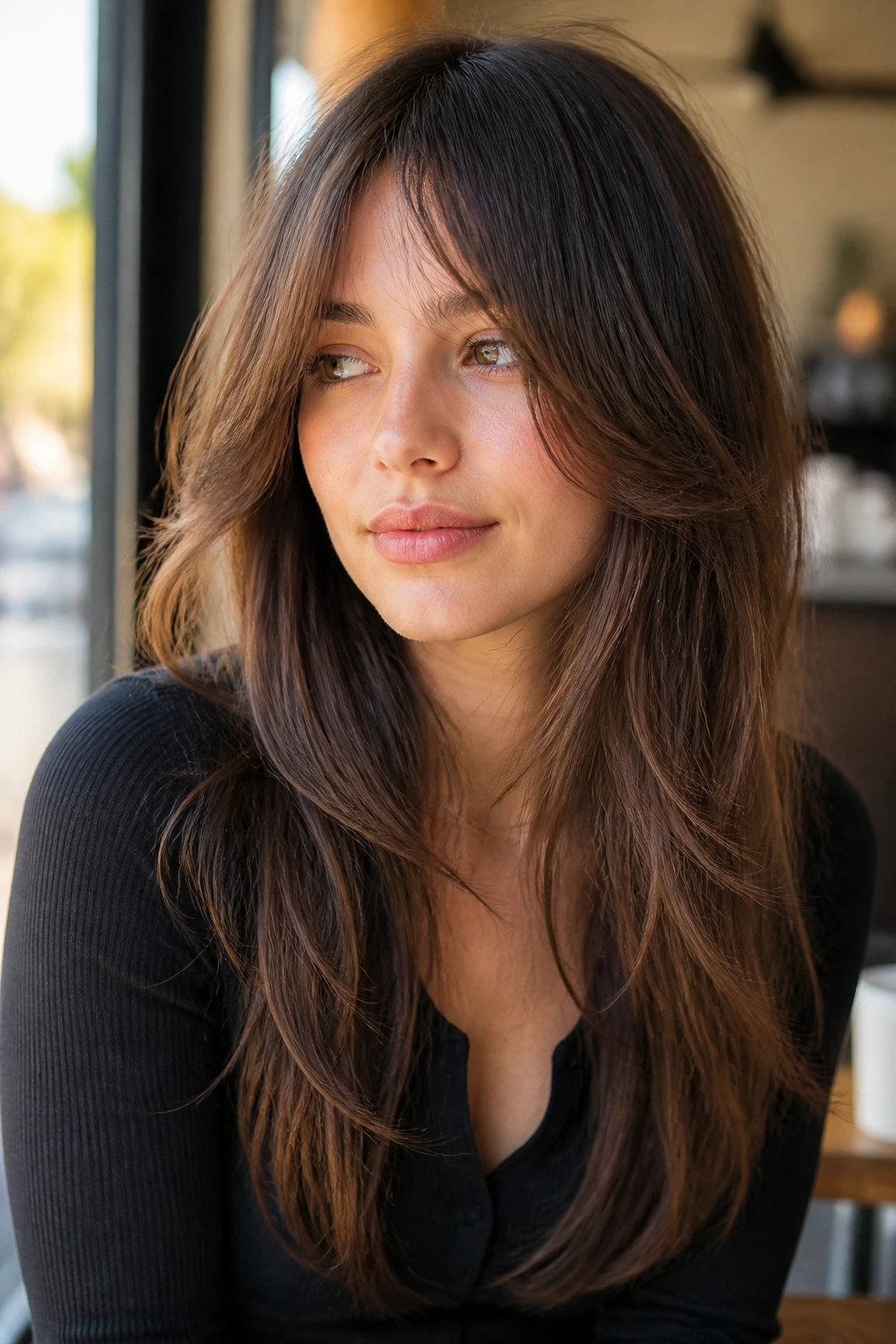 Portrait of a real woman with bottleneck bangs and V cut, soft cheek framing