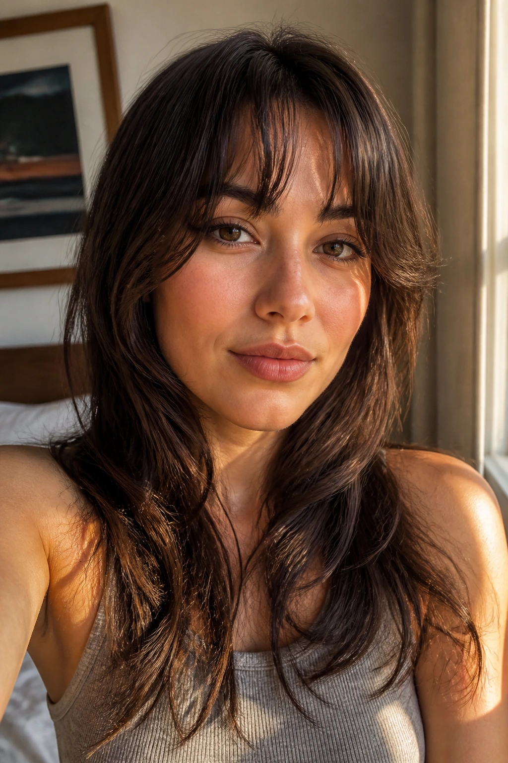 Person with bottleneck bangs showing center-shortest and side-longer look