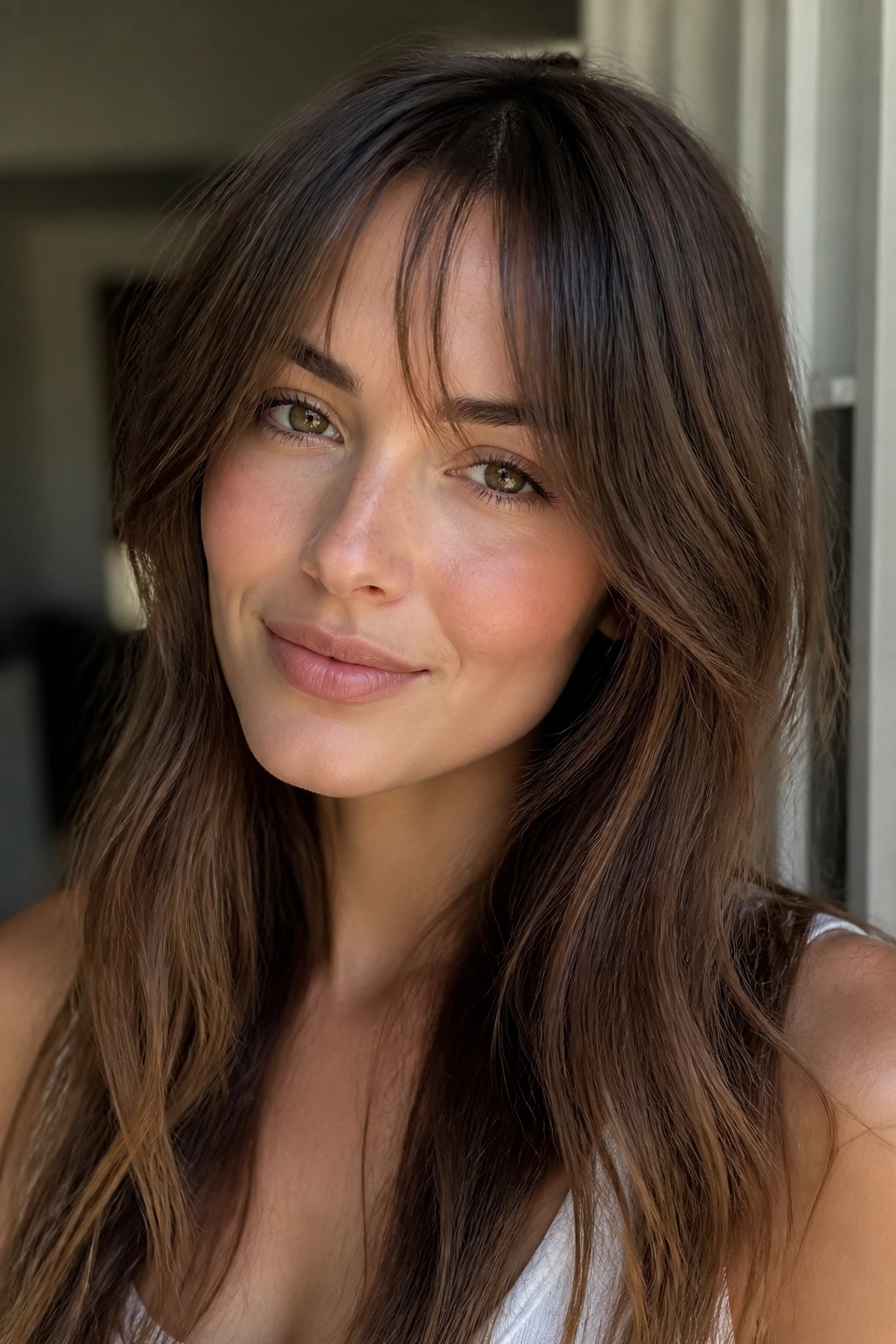 Portrait of a real woman with bottleneck wispy fringe, center-narrow bangs