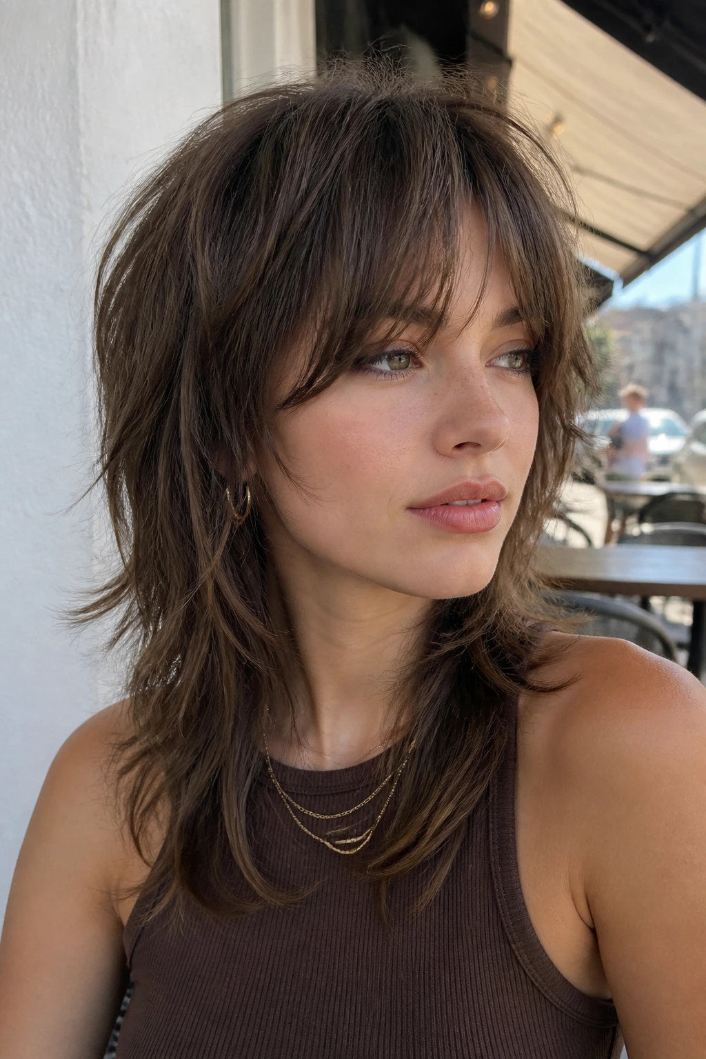 Close-up portrait of a real woman with bottleneck bangs wolf cut
