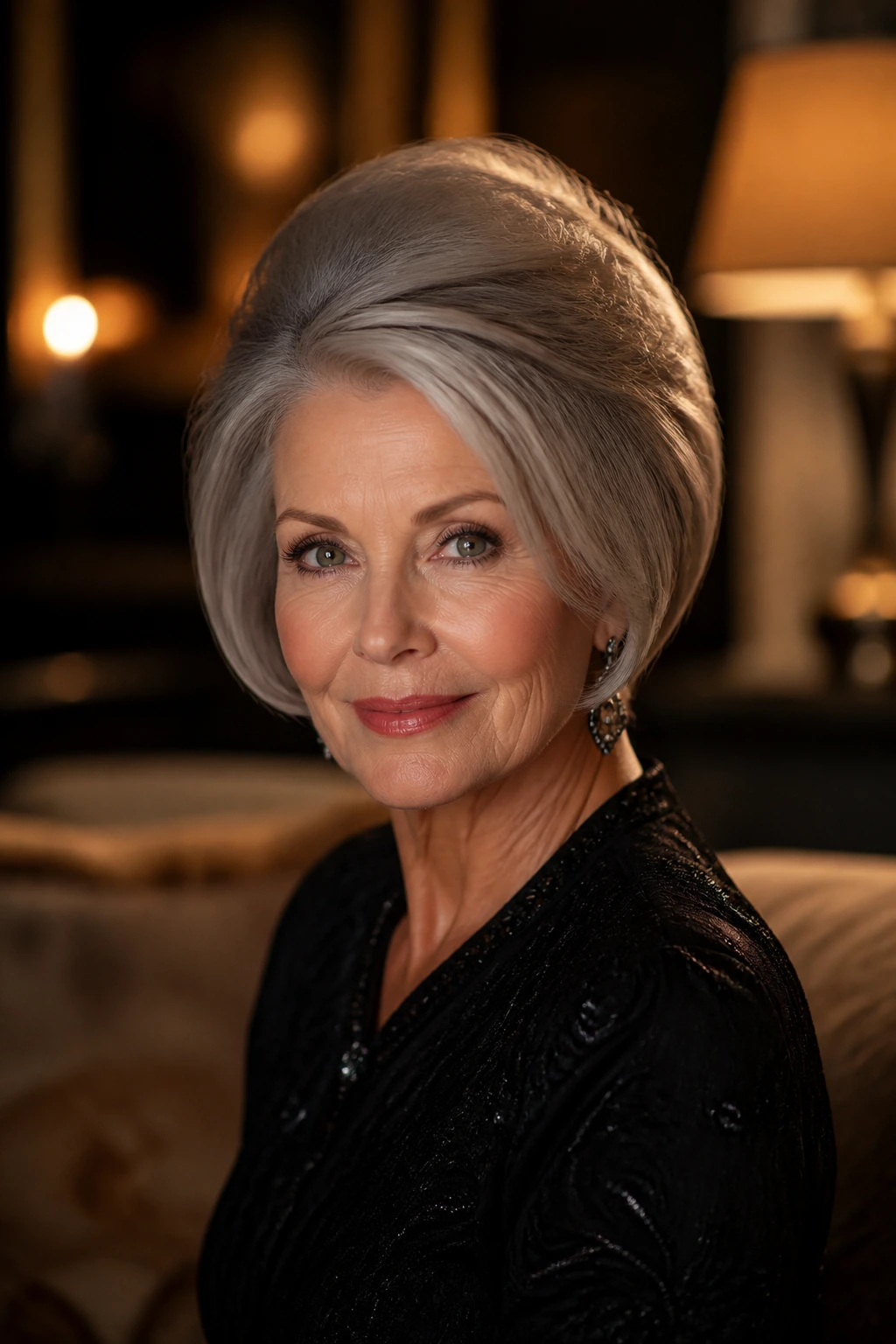 Close-up of a real woman with bouffant crown lift and sleek sides