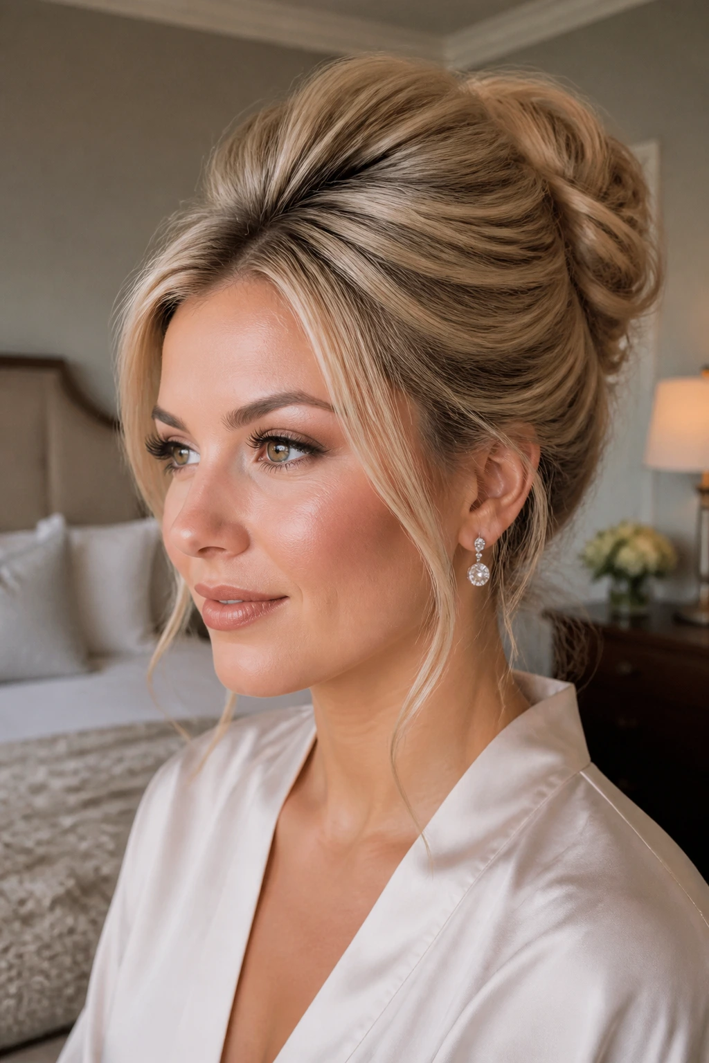 Close-up of a real woman with a soft bouffant bun, crown lift, and neatly rounded bun.