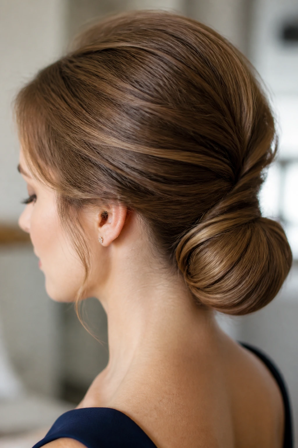 Close-up portrait of a woman with a high crown and a low chignon wrap