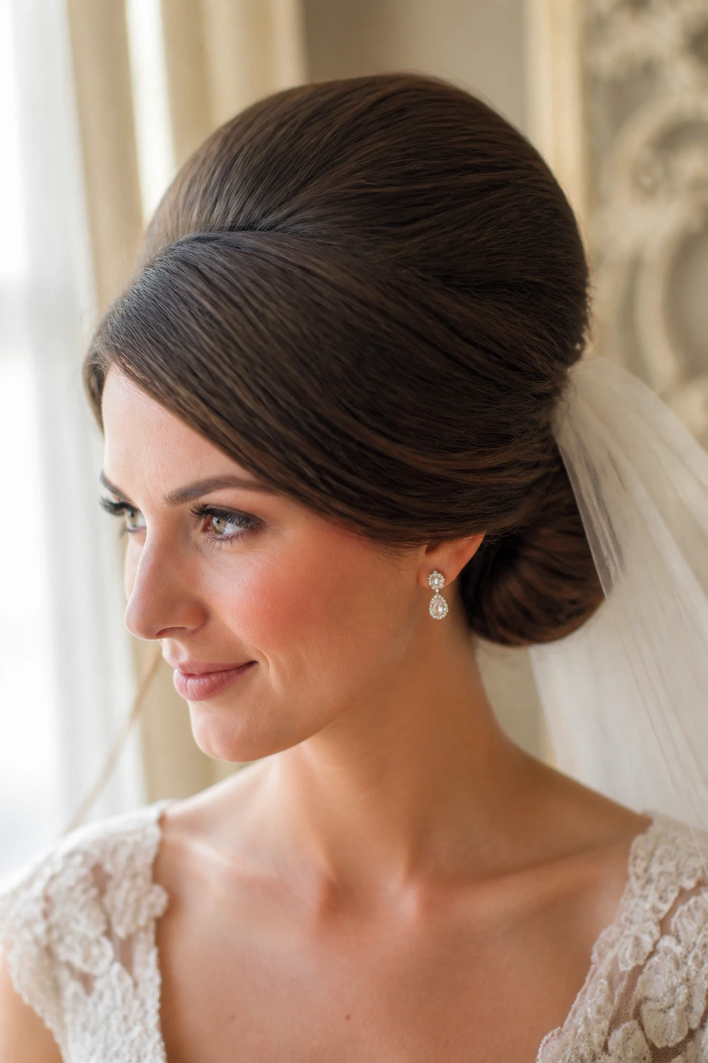 Close-up of a bride's bouffant chignon with a tucked veil.