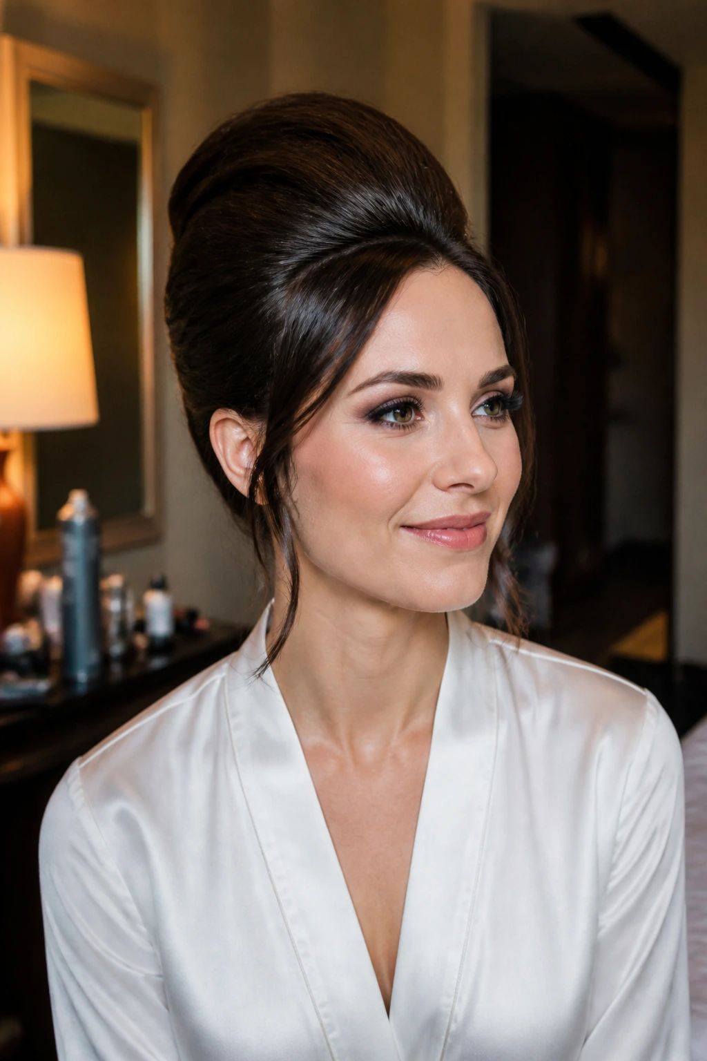 Portrait of a person with a bouffant styled for all-night wear, looking comfortable.