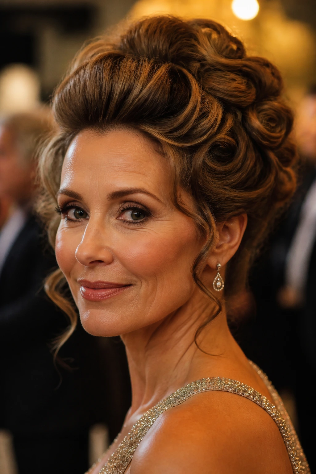 Close-up of a real woman with bouffant crown and soft pin curls