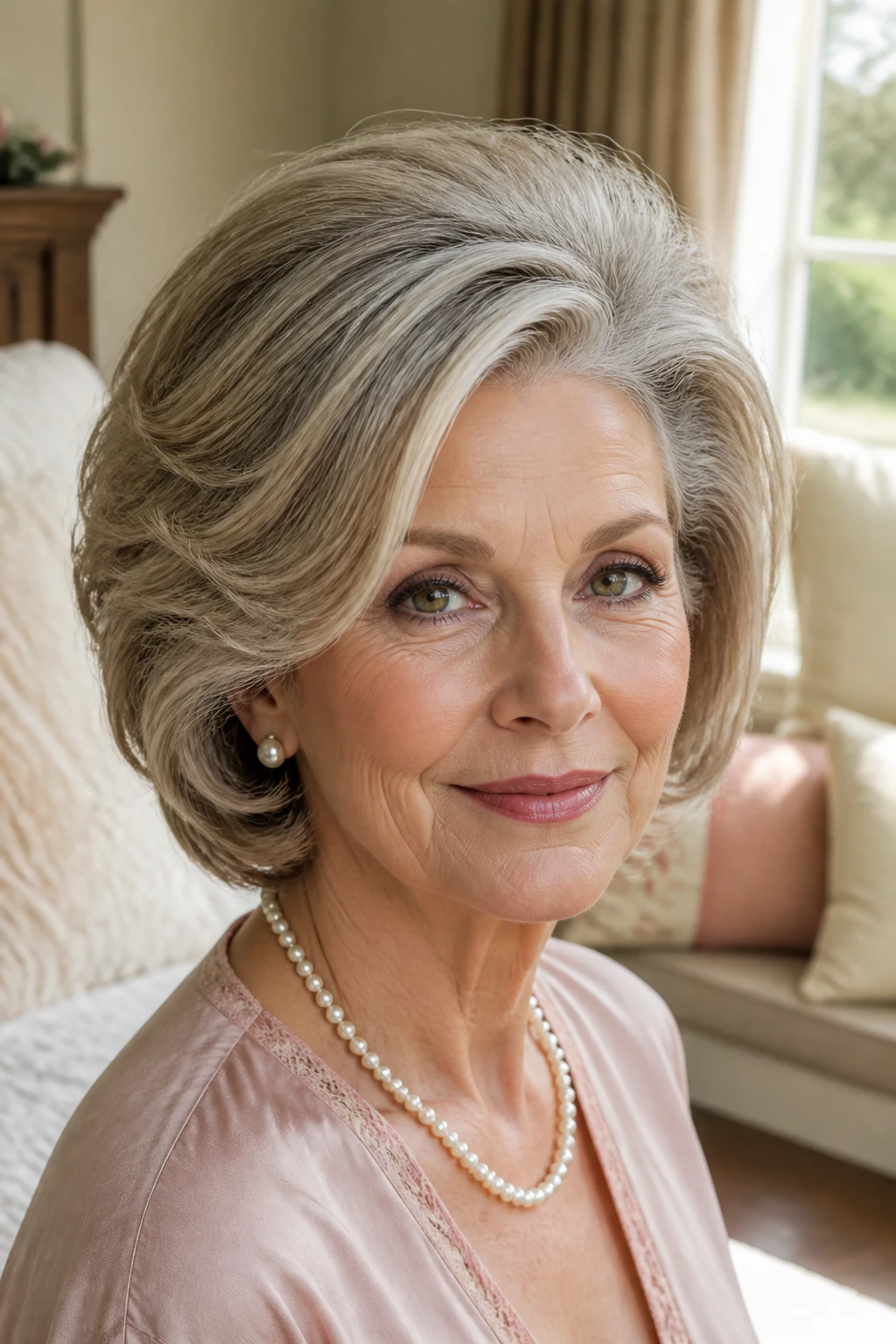 Close-up of an older woman with soft bouffant and deep side part in natural window light