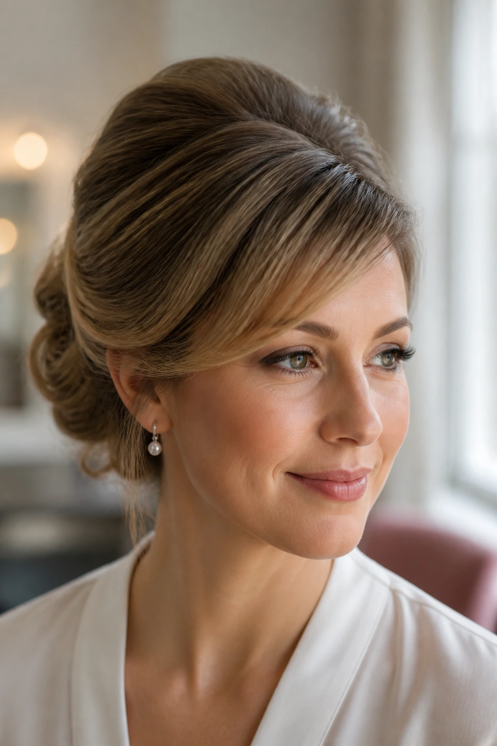Close-up of a real woman with a soft crown bouffant and side-swept front