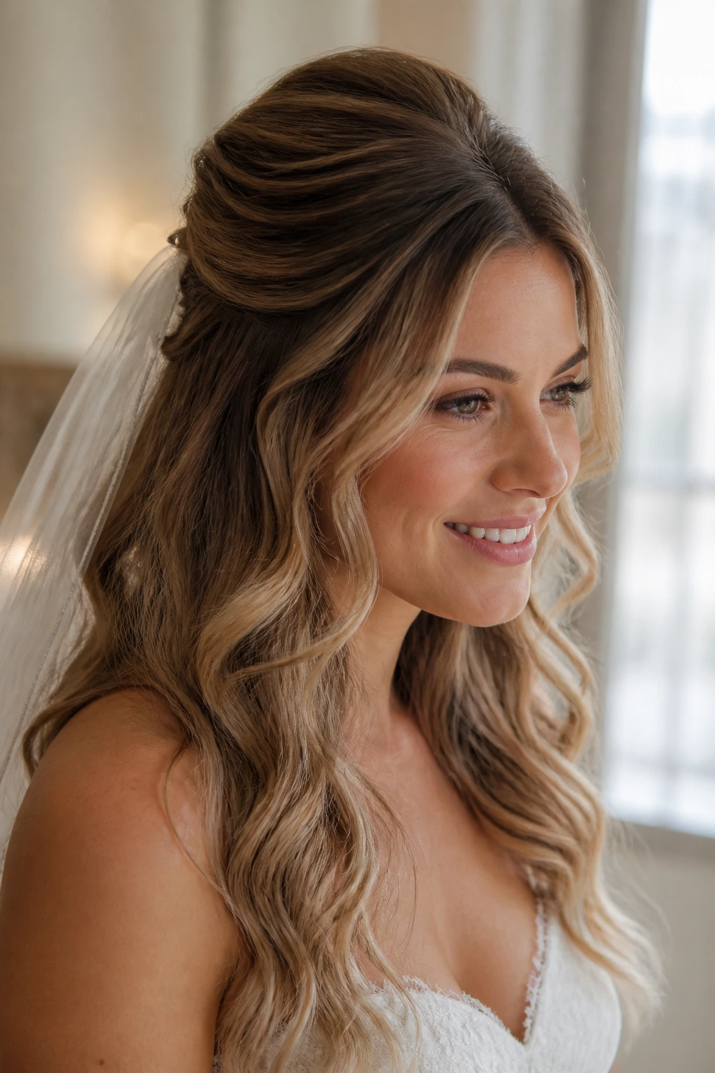 Close-up of a bride with a soft bouffant half-up hairstyle.