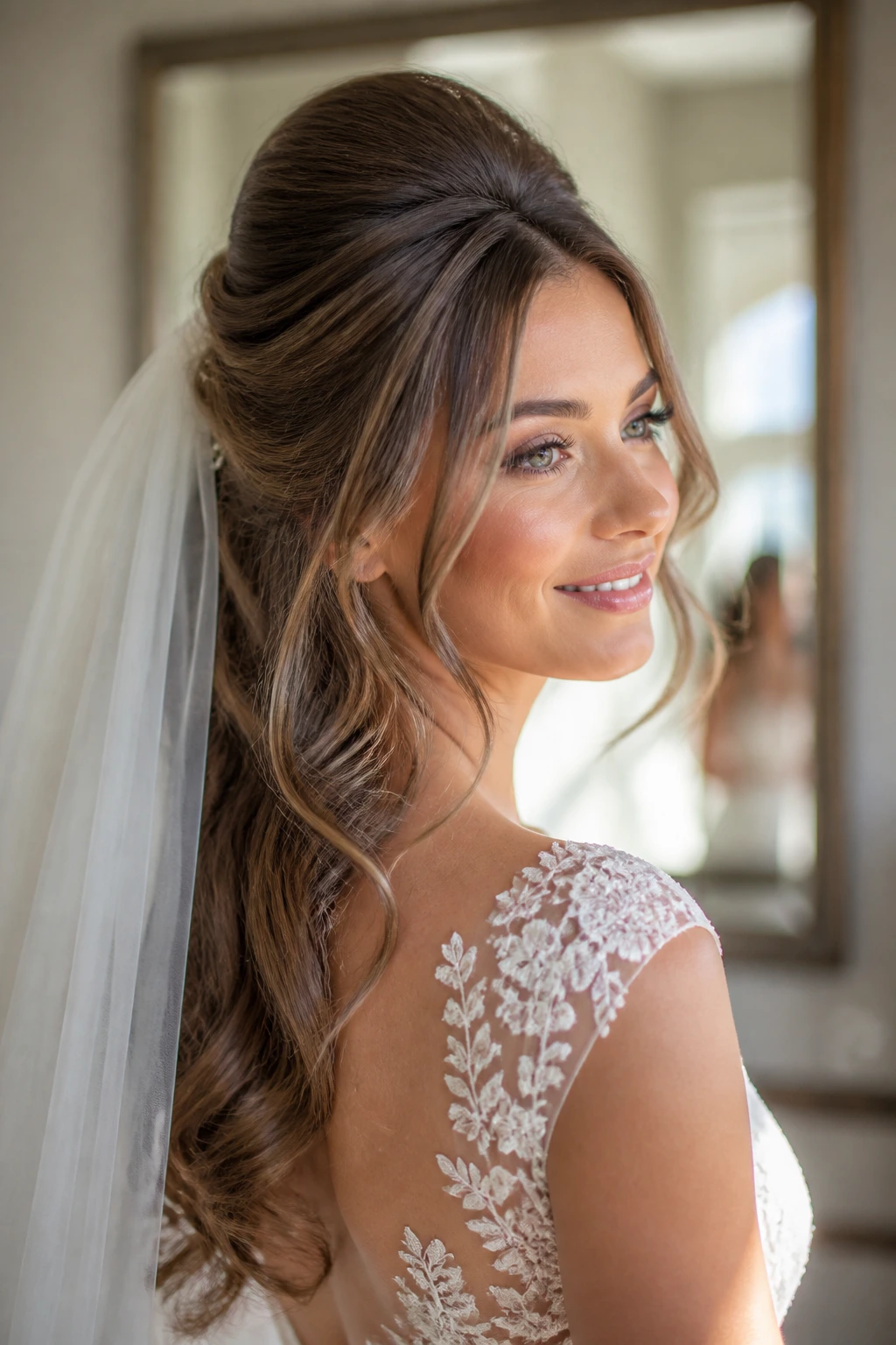 Bride with bouffant half-up and cascading waves in a bridal dressing room.