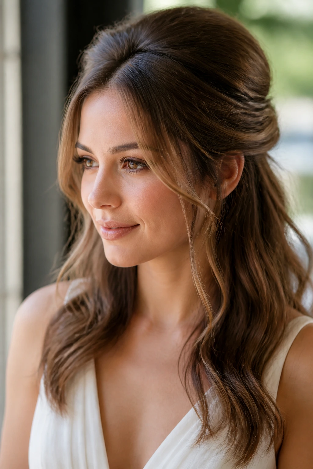 Portrait of a woman with a half-up bouffant and loose waves