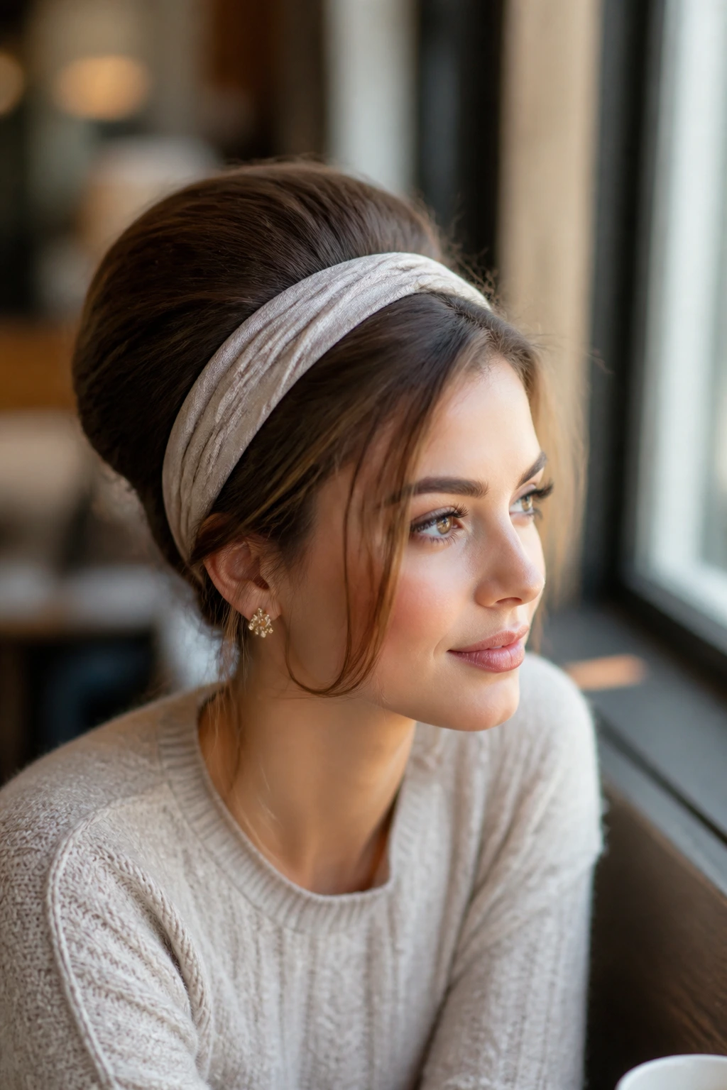 Close-up of a real woman wearing a bouffant with a fabric headband in soft cafe light