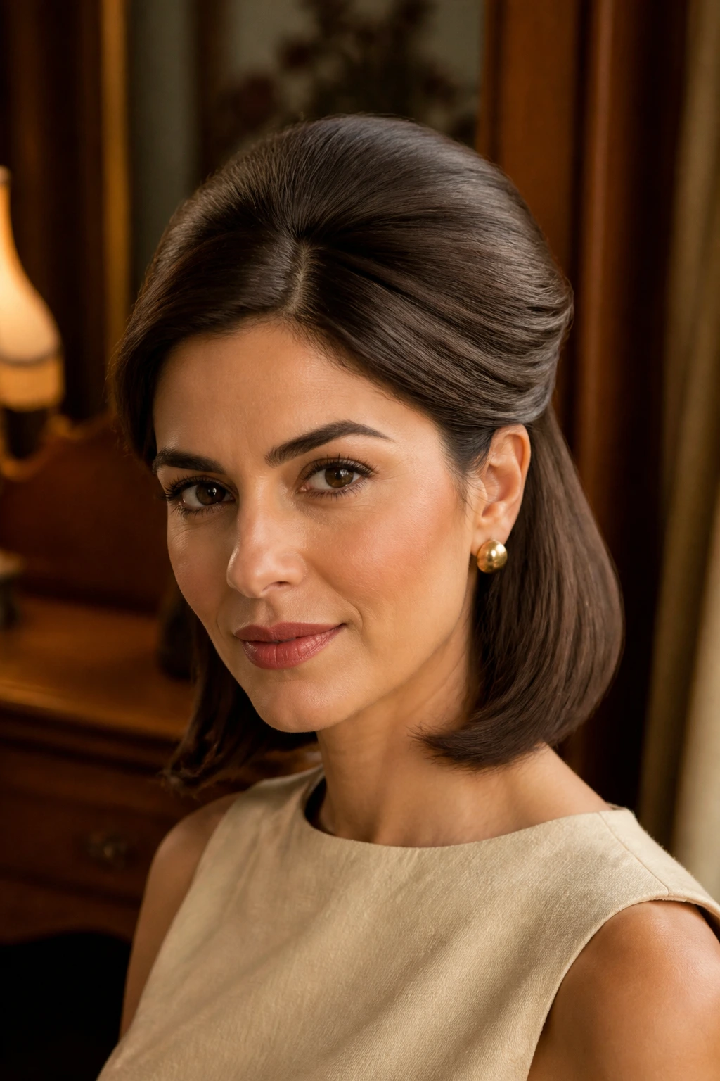Close-up of a real woman with bouffant lob and crown lift