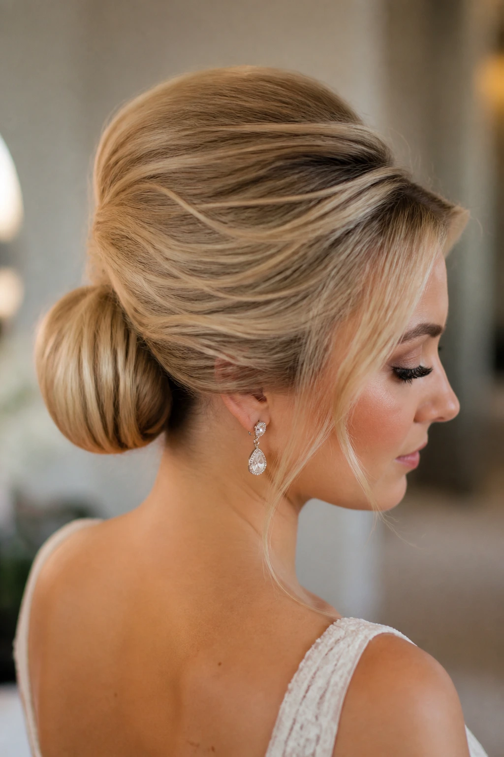 Close-up of a bride with modern bouffant and low bun