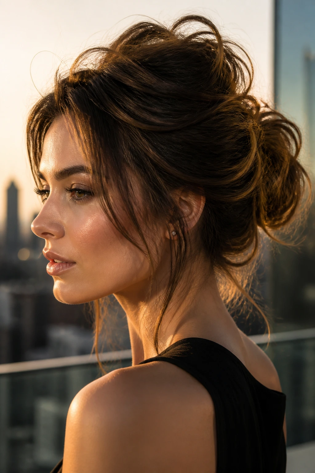 Close-up of a real woman with a messy-luxe bouffant updo