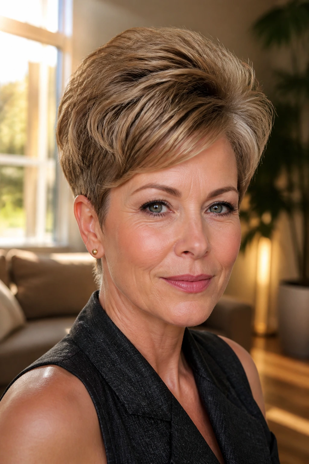 Close-up of a real woman with a bouffant pixie and rounded crown in warm window light