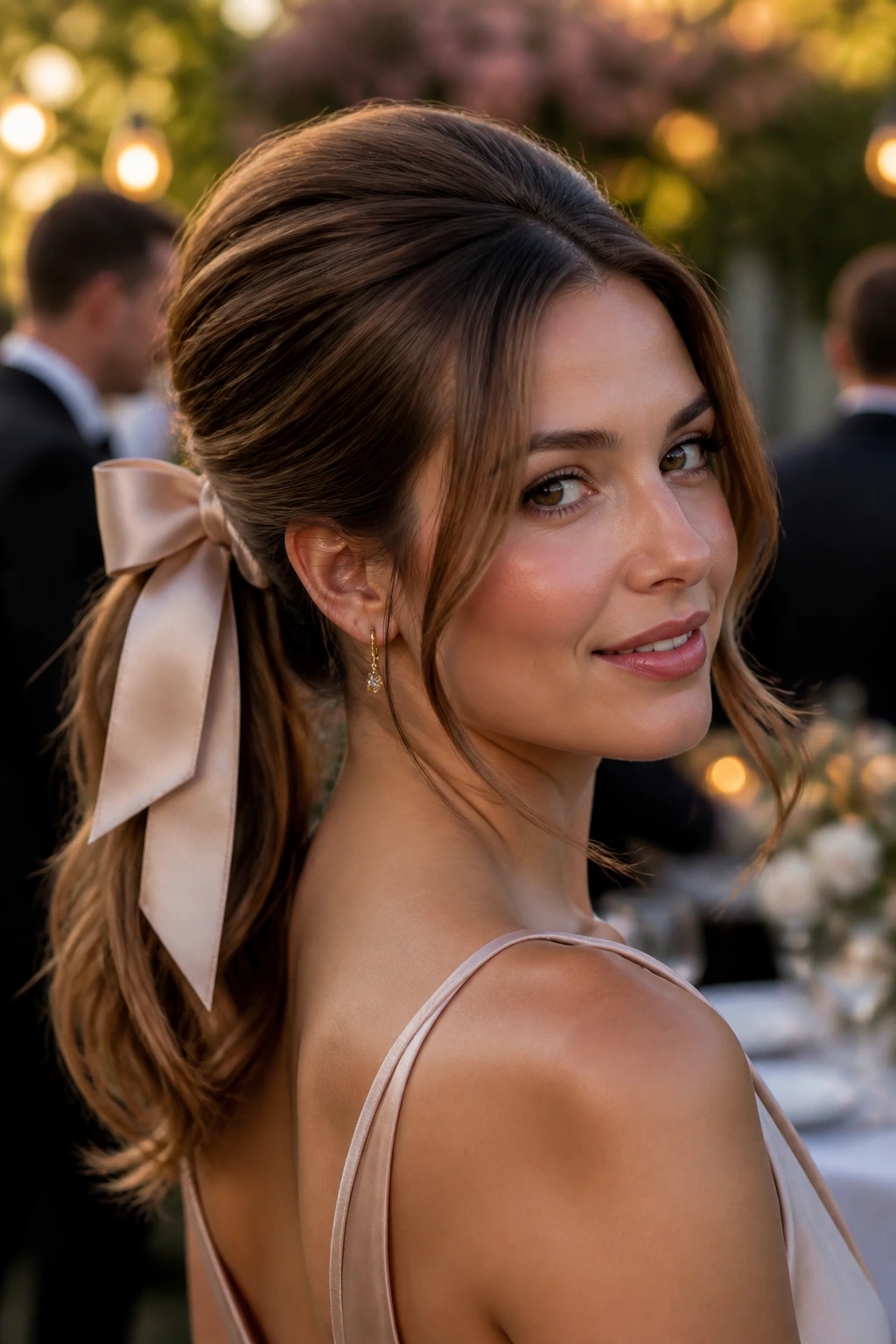 Close-up of a real woman with ribbon-tied bouffant ponytail