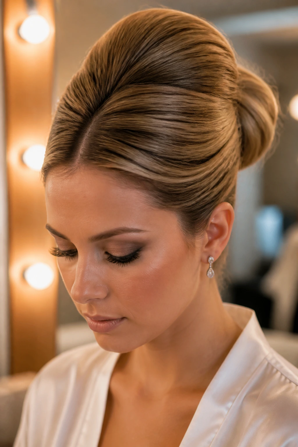 Close-up portrait of a real woman with a teased crown bun and lifted silhouette