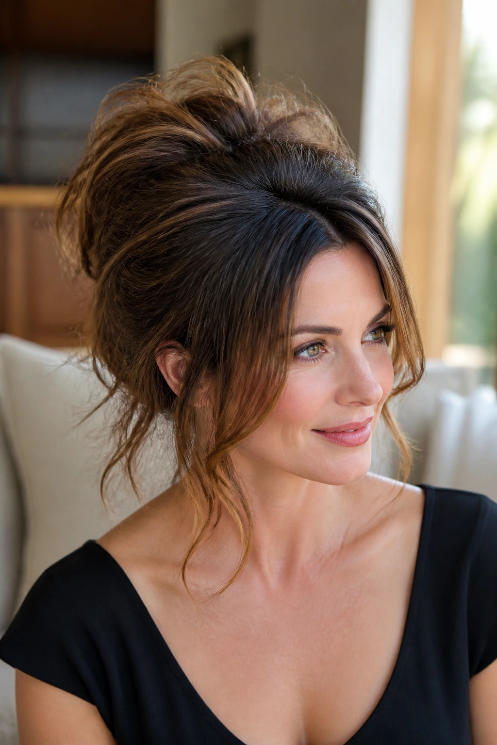Close-up of a real woman with a textured bouffant and tousled ends in warm natural light