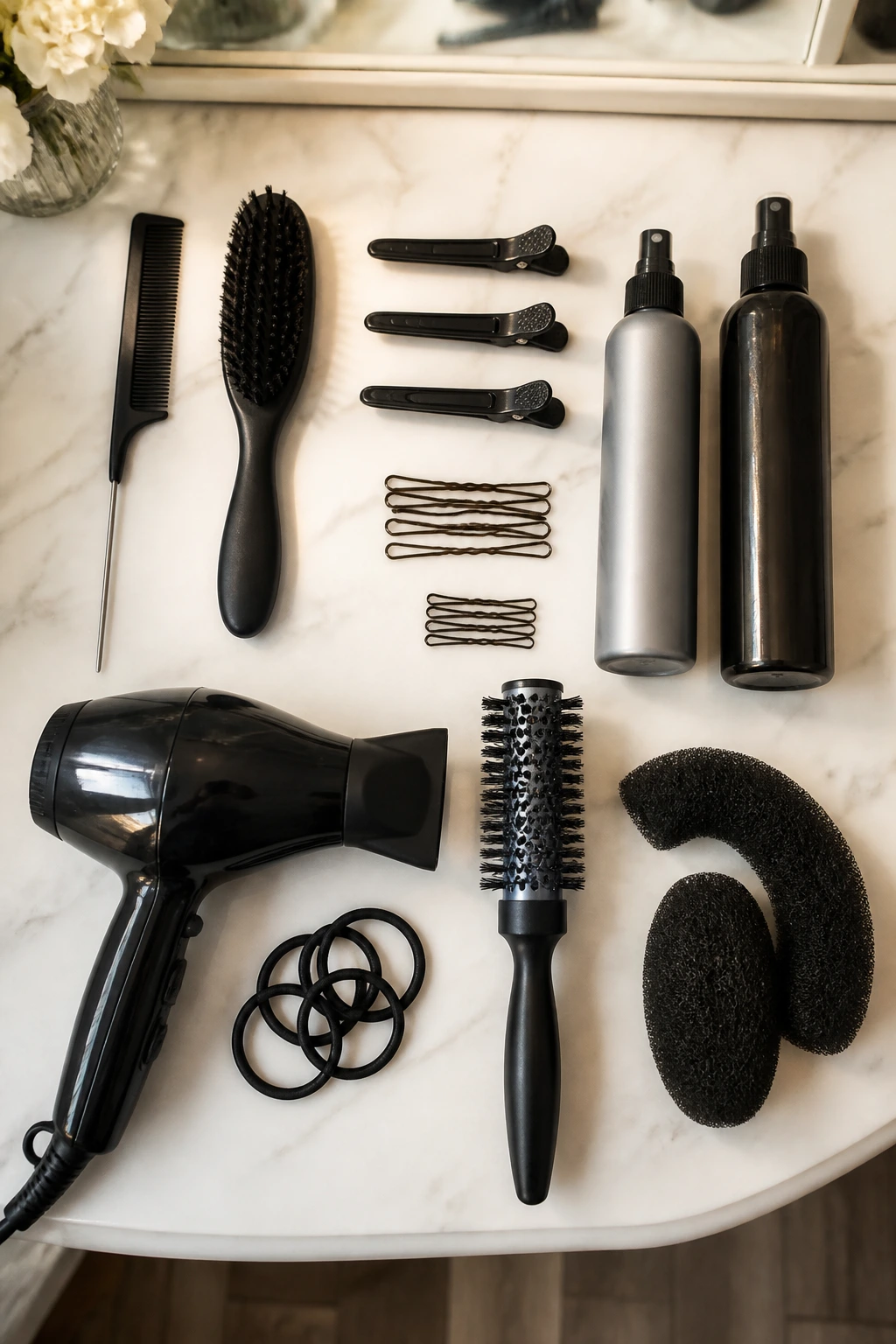 Top-down flat lay of bouffant styling tools arranged on a clean surface near a salon vanity.