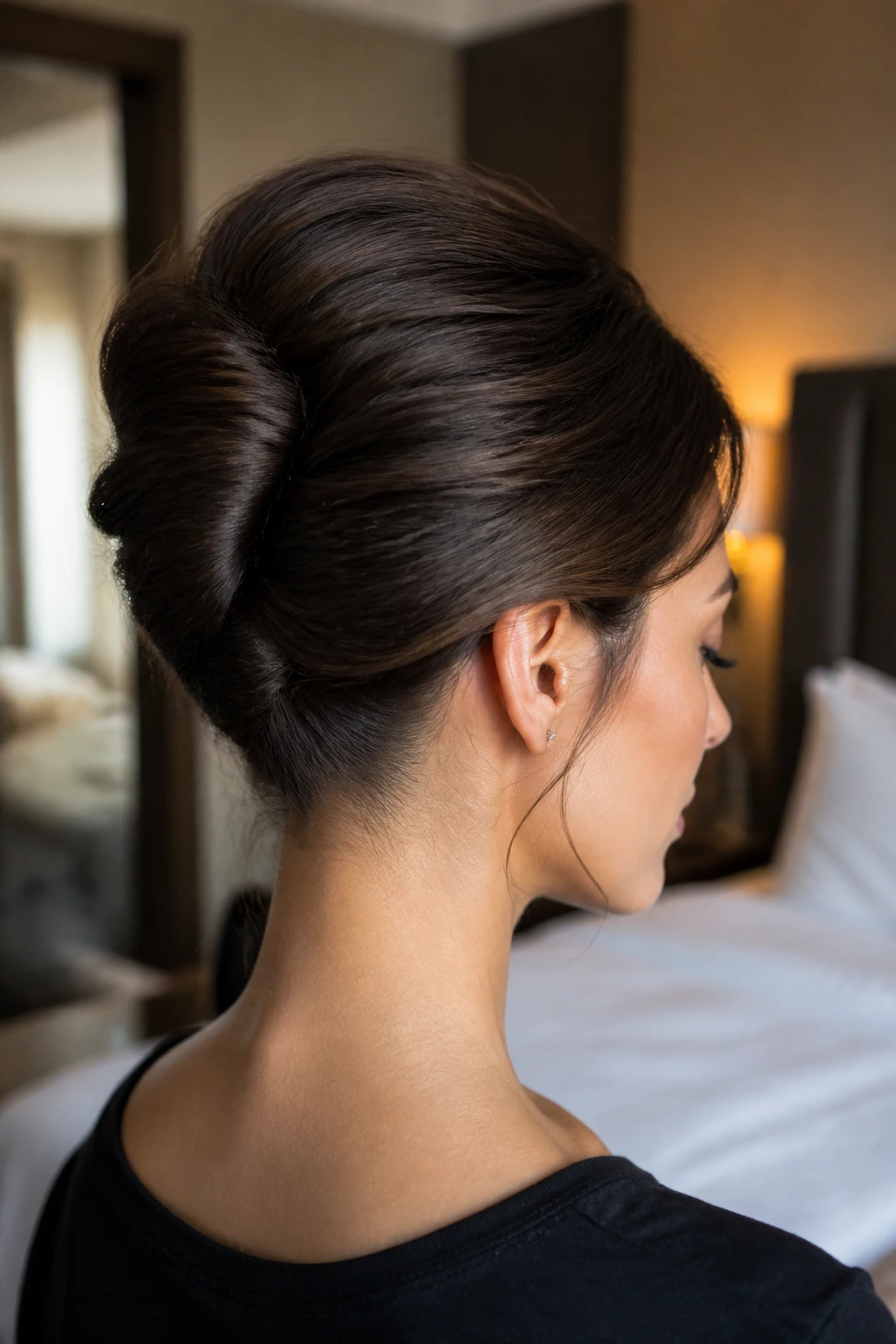 Three-quarter view of a woman with bouffant twist and smooth nape in a warm hotel room