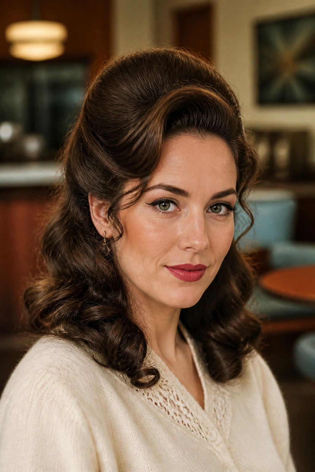 Close-up of a woman with a retro half-up bouffant in a vintage setting.