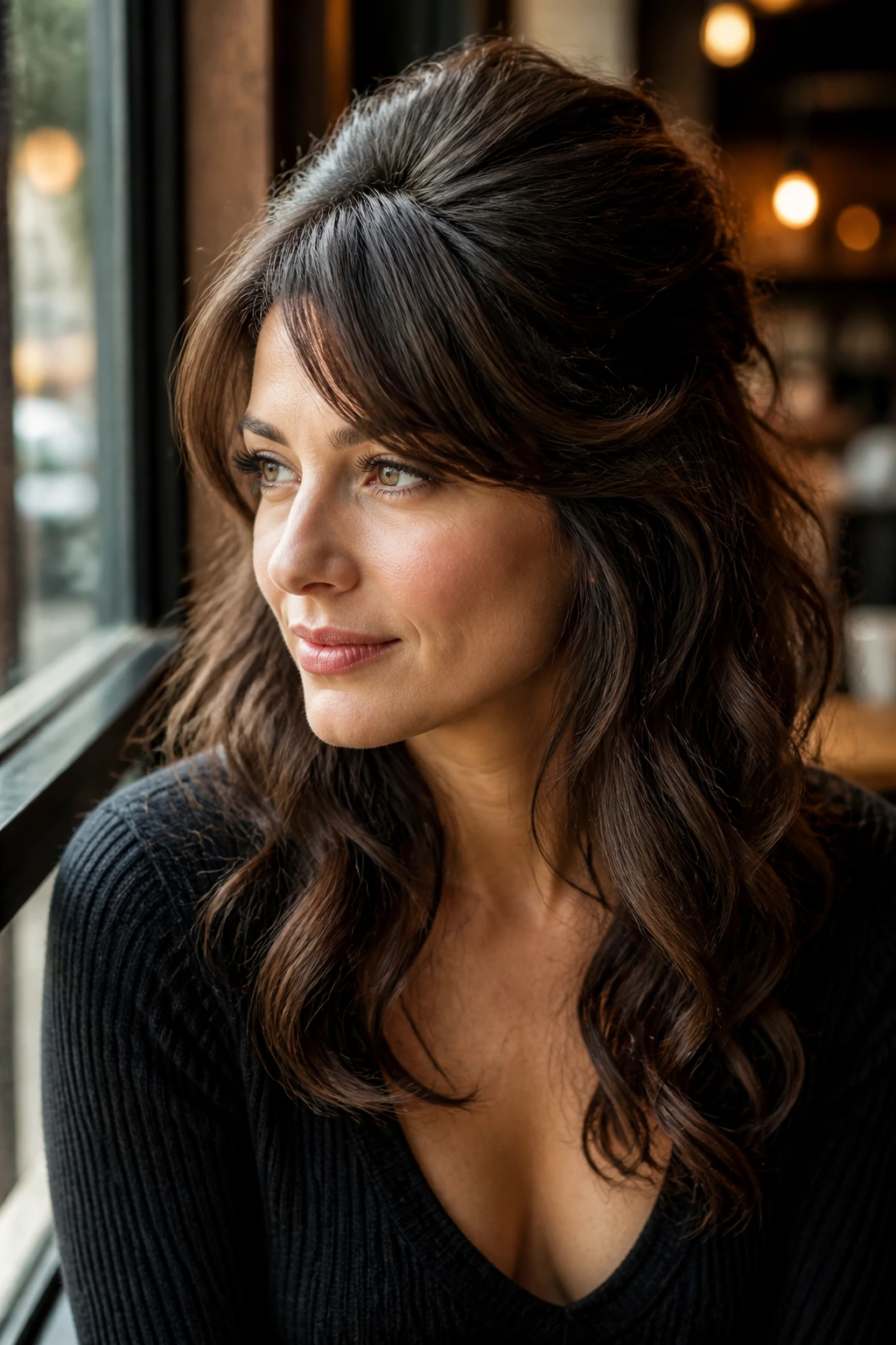 Close-up of a real woman with waves and side-swept fringe in bouffant