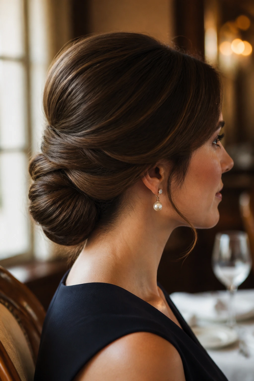 Close-up of a woman with a low bouffant and wrapped lengths at the nape, warm dining-room lighting