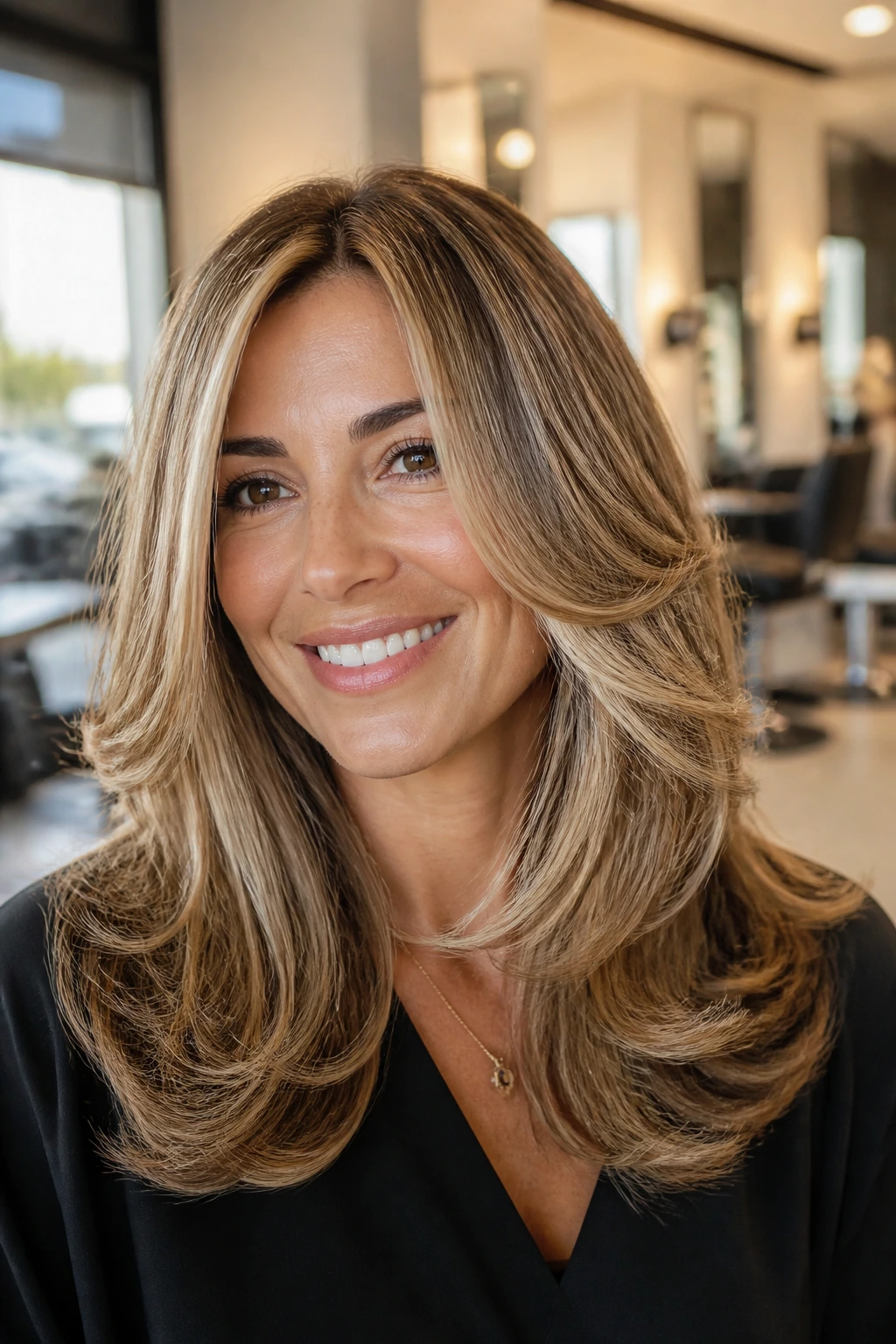 Close-up of a real woman with bouncy blowout layers and champagne highlights