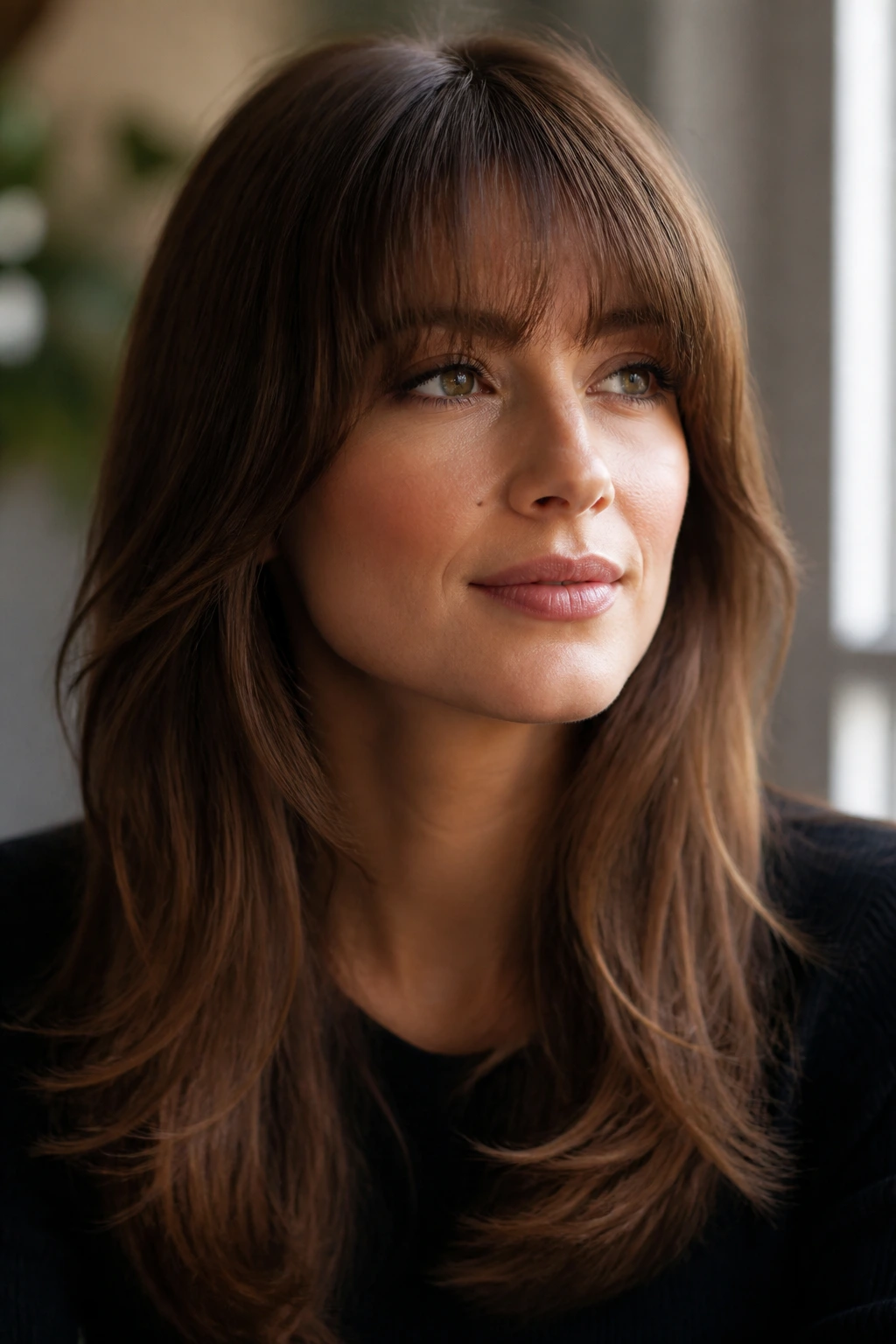 Close-up portrait of a real woman with a bouncy blowout fringe