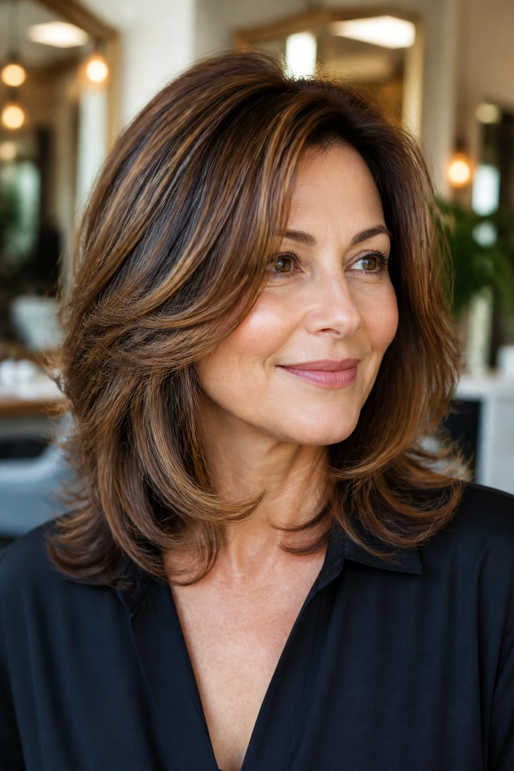 Close-up of a real woman with a bouncy blowout at mid-length