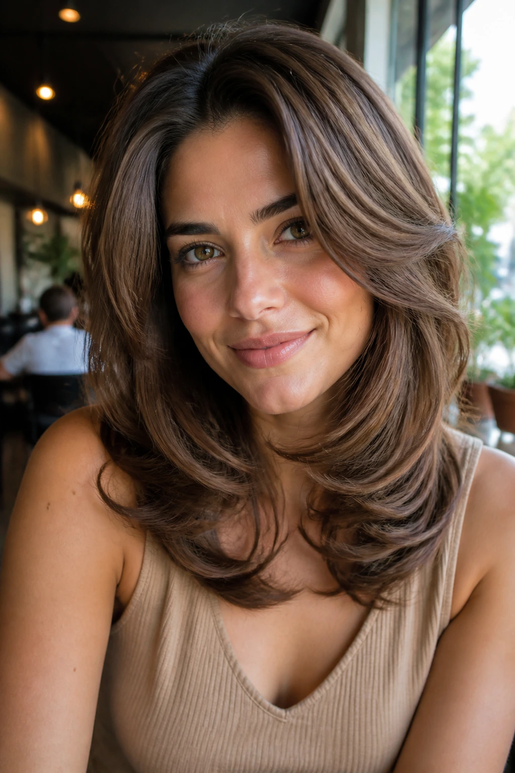 Close-up of real woman with bouncy blowout layers under bright window light