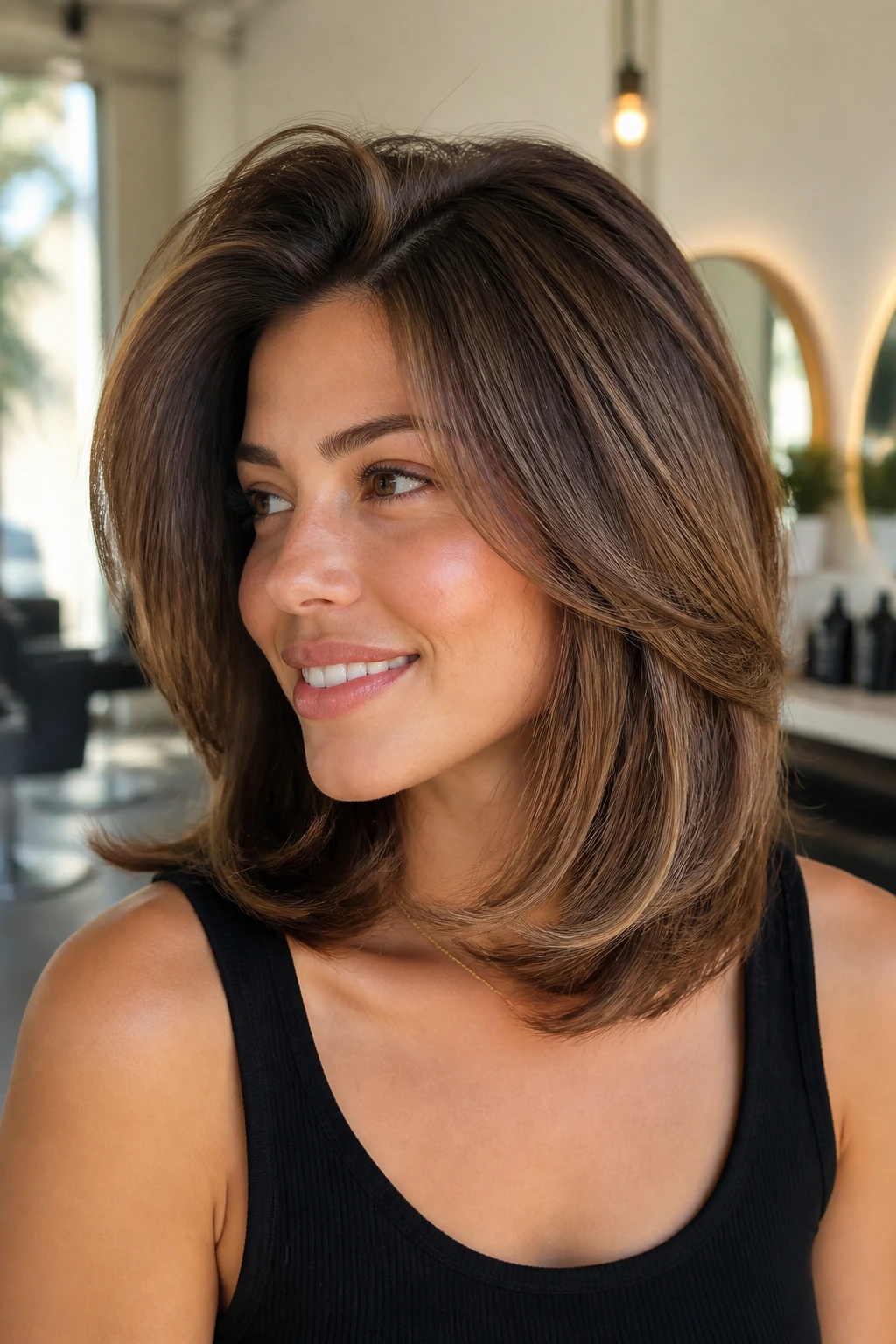 Portrait of a real woman with a bouncy blowout lob and volume