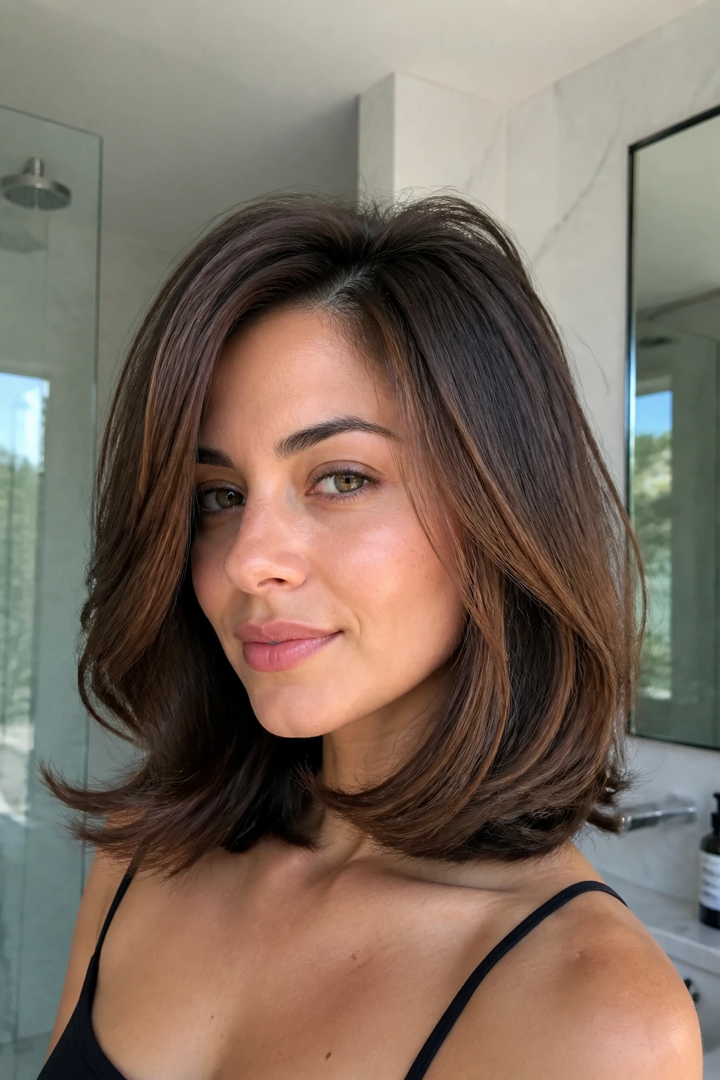 Real woman with a bouncy blowout lob and voluminous crown.