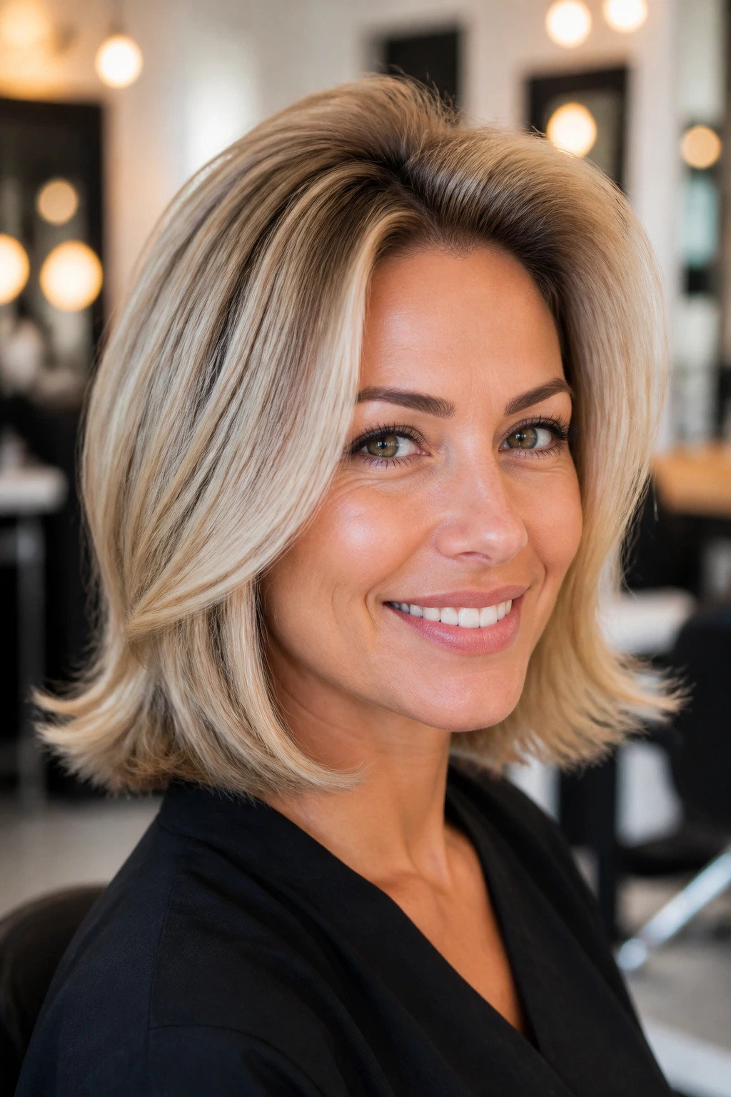 Real woman with bouncy blowout lob and voluminous crown