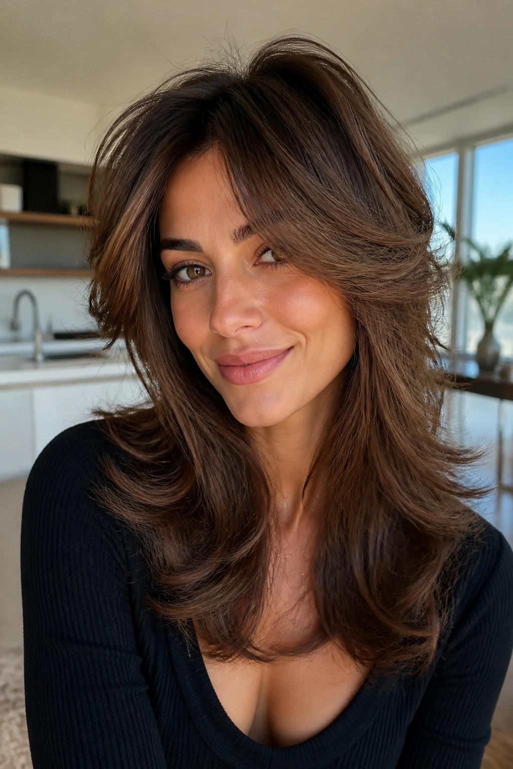 Close-up of a real woman with a glossy bouncy blowout shag