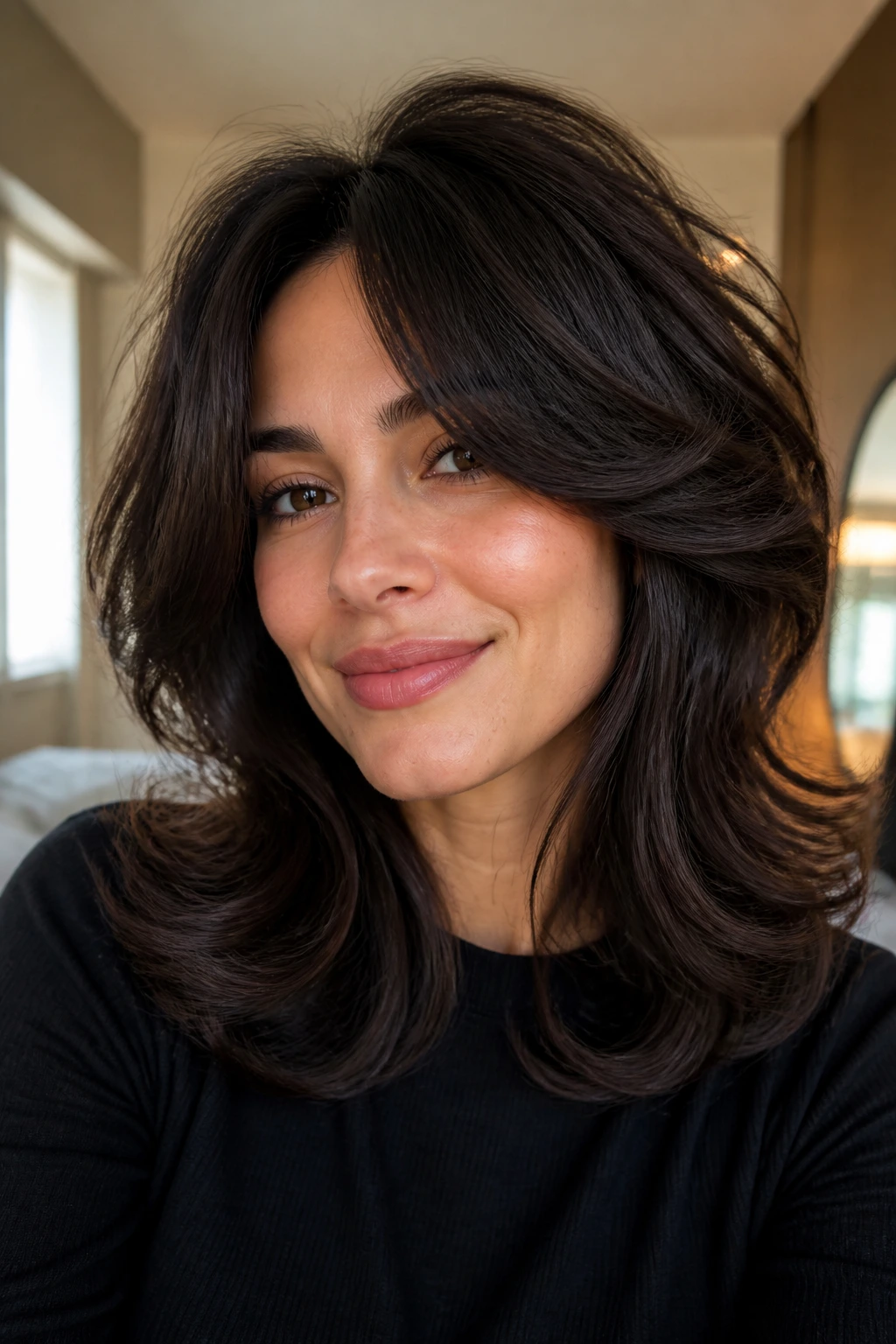 Close-up portrait of a real woman with a Bouncy Blowout Shag showing lifted crown and curled-under ends