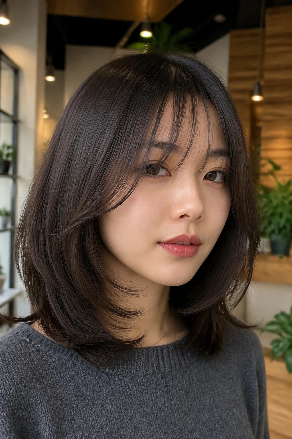 Portrait of a woman with a bouncy C-cut and tapered fringe