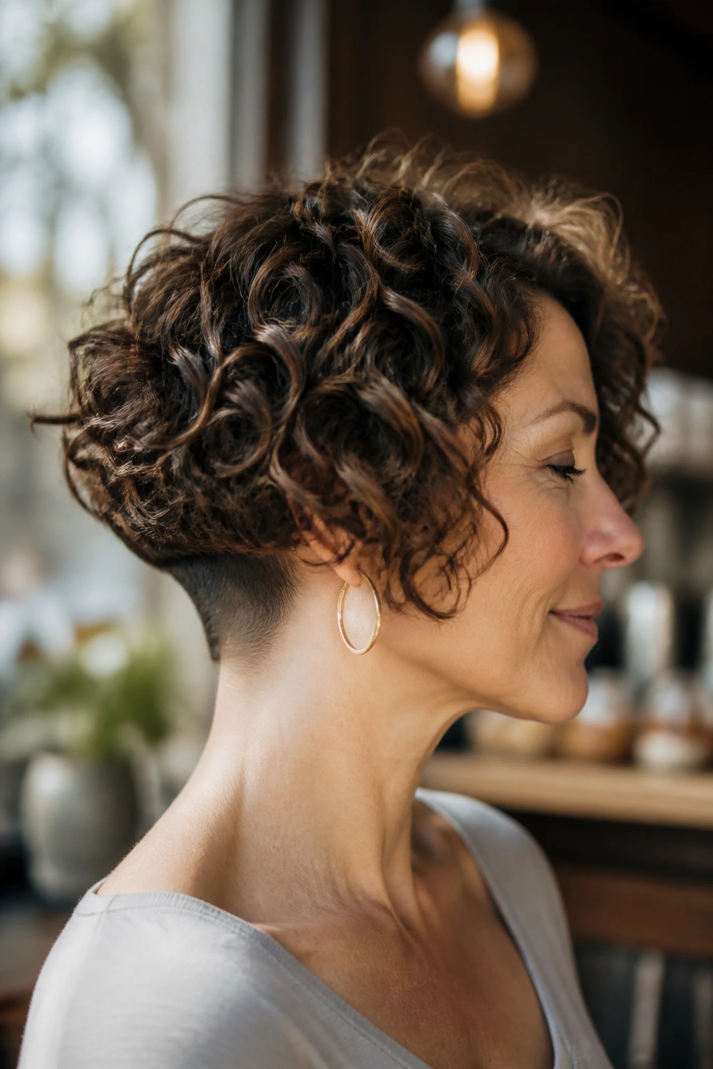 Profile view of a woman with a bouncy curly bob and a hidden undercut at the nape.